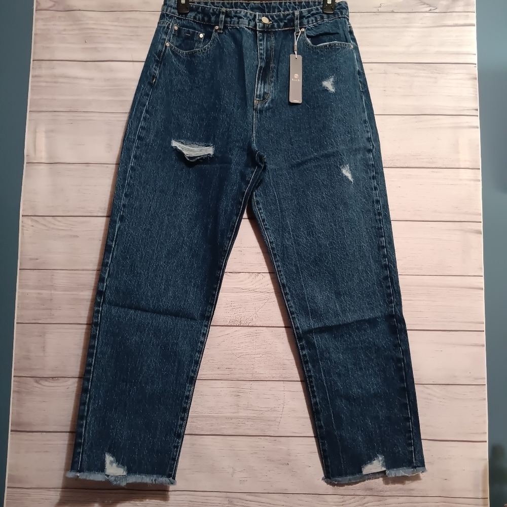 Tractr‎ Women’s High Rise Distressed Mom Jeans Size 12/31 Indigo Blue Raw Hem